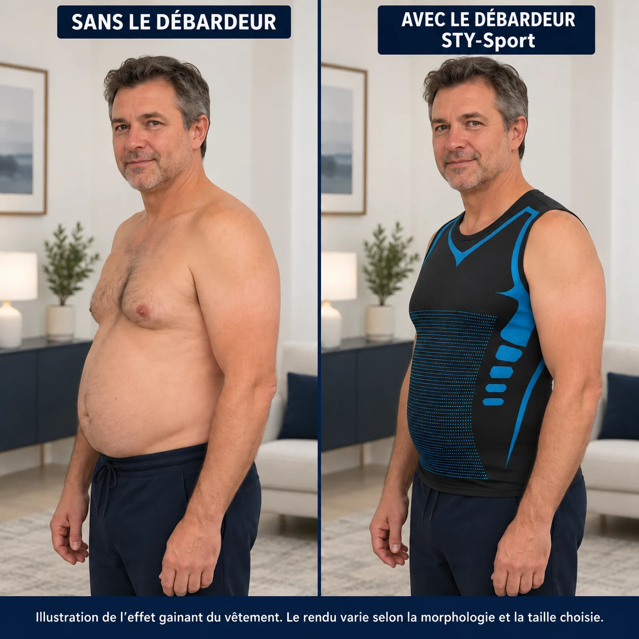 Illustration comparative du débardeur STY-Sport, sans et avec le vêtement.